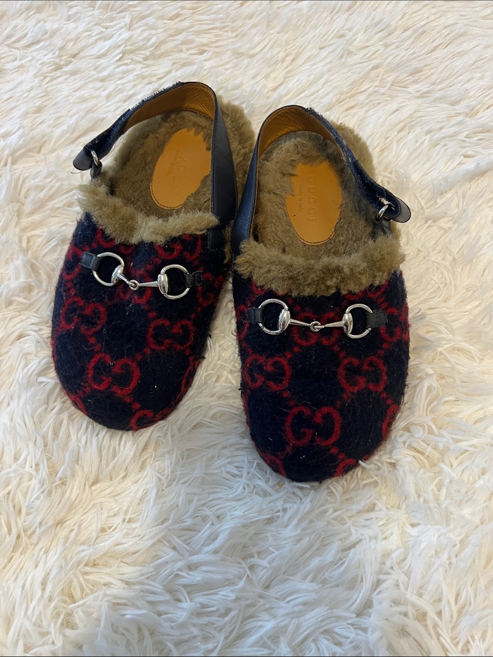 Gucci Kids Black & Red GG Wool Fur-Trim Horsebit Clogs